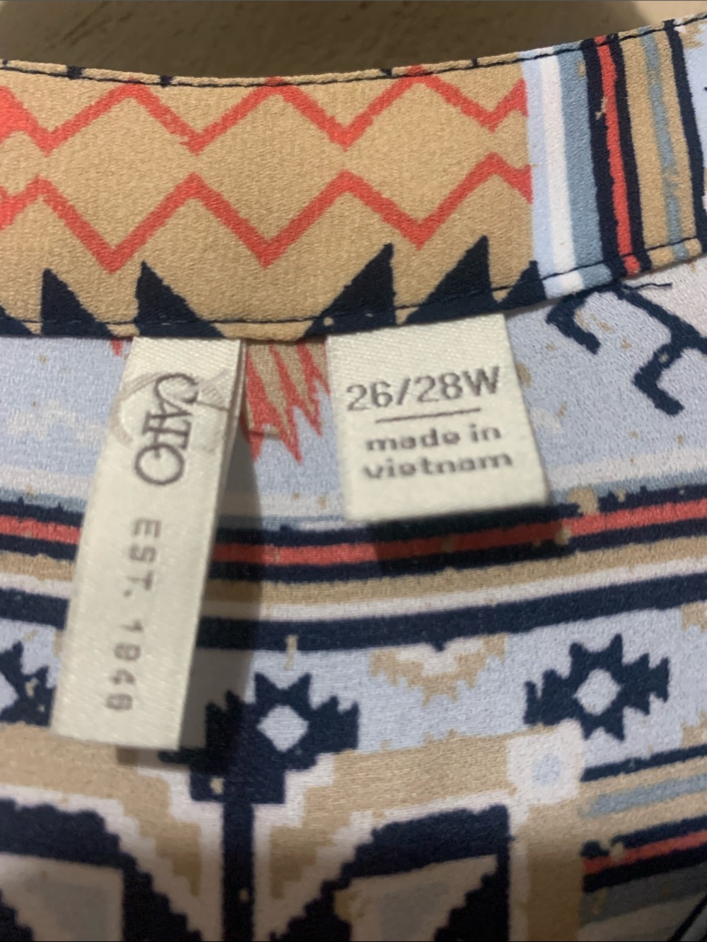 Cato 26/28W Aztec Patchwork Tunic in White, Navy & Tan - Picture 3 of 3